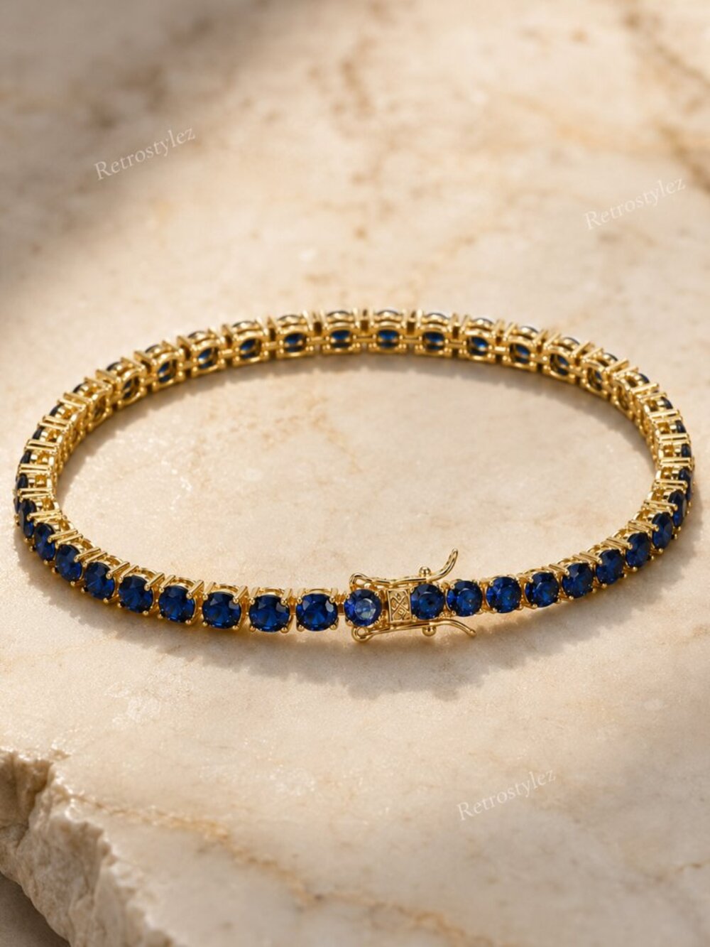 Blue Sapphire Tennis Bracelet, 14k Gold Sterling Silver, 7" / 8" , New - Picture 6 of 6